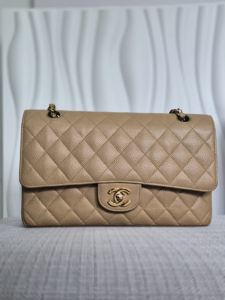 CHANEL Series 9 Vintage Dark Beige Caviar 24K GHW Medium Timeless Classic Double Flap Bag