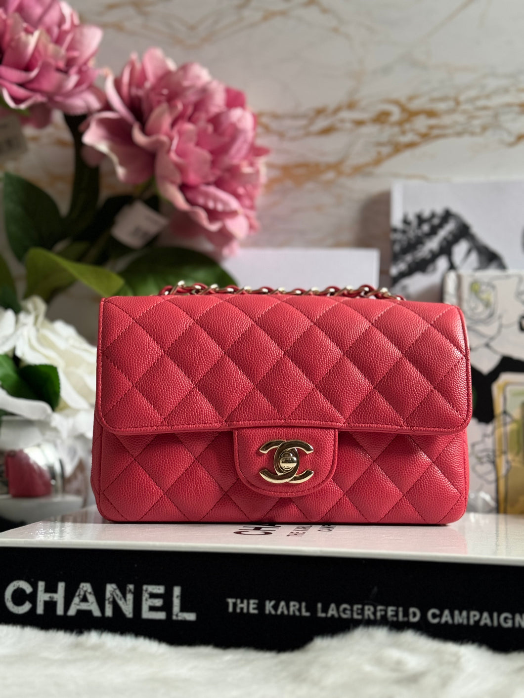 Chanel 17C 2017 Cruise Collection Pink Caviar LGHW Edge Stitching Mini Rectangular Flap Bag