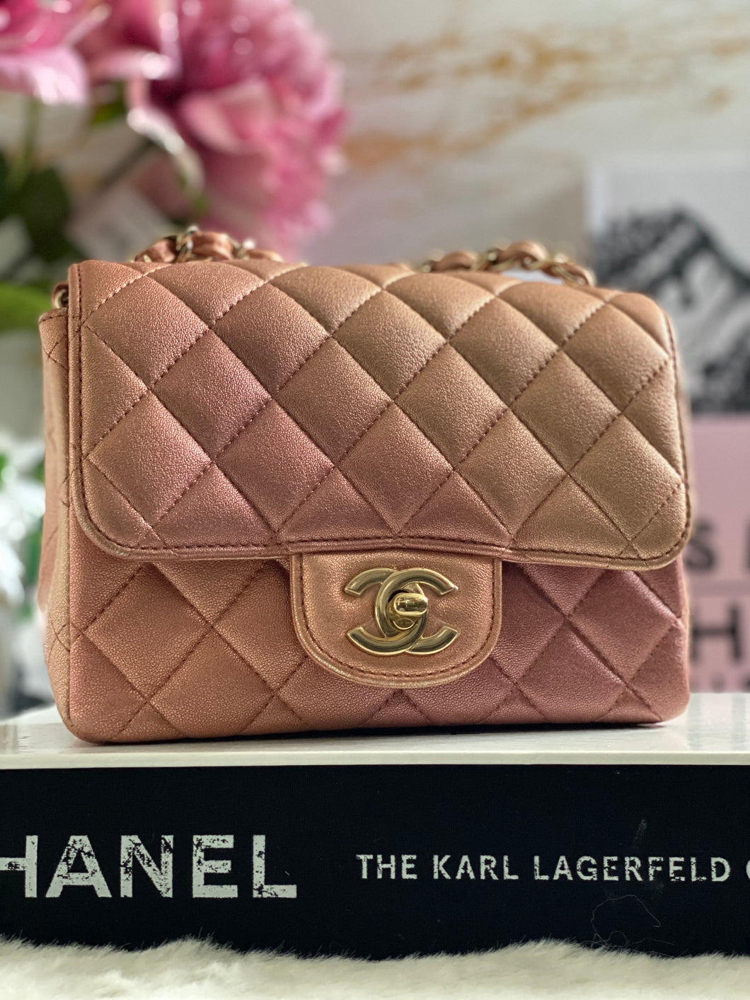 Chanel 21S collection Summer/Spring 2021 Iridescent Ombré Rose Gold Pink Gold Lambskin LGHW Mini Square Flap Bag