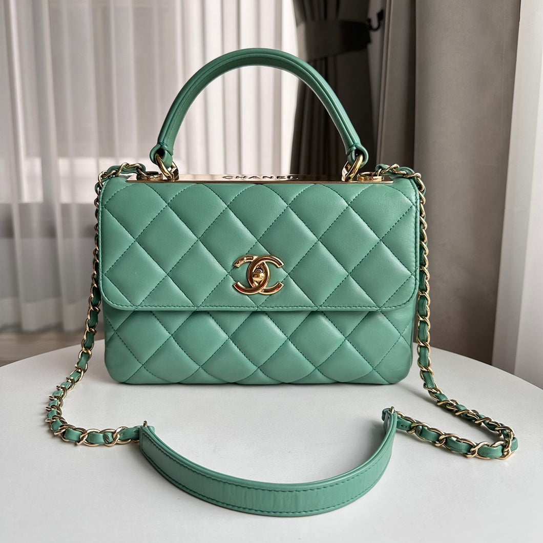 Chanel 14P 2014 Pre Spring/Summer Collection Green Lambskin LGHW Trendy CC Flap Bag size Small with Detachable Chain Strap