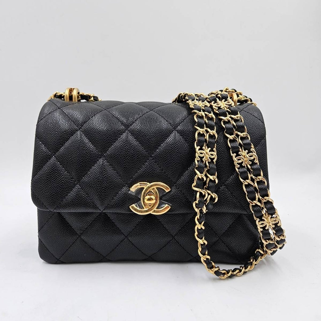 Chanel 22K 2022 Fall/Winter Collection Black Caviar LGHW Coco First Flap Bag size Mini (AS3580)