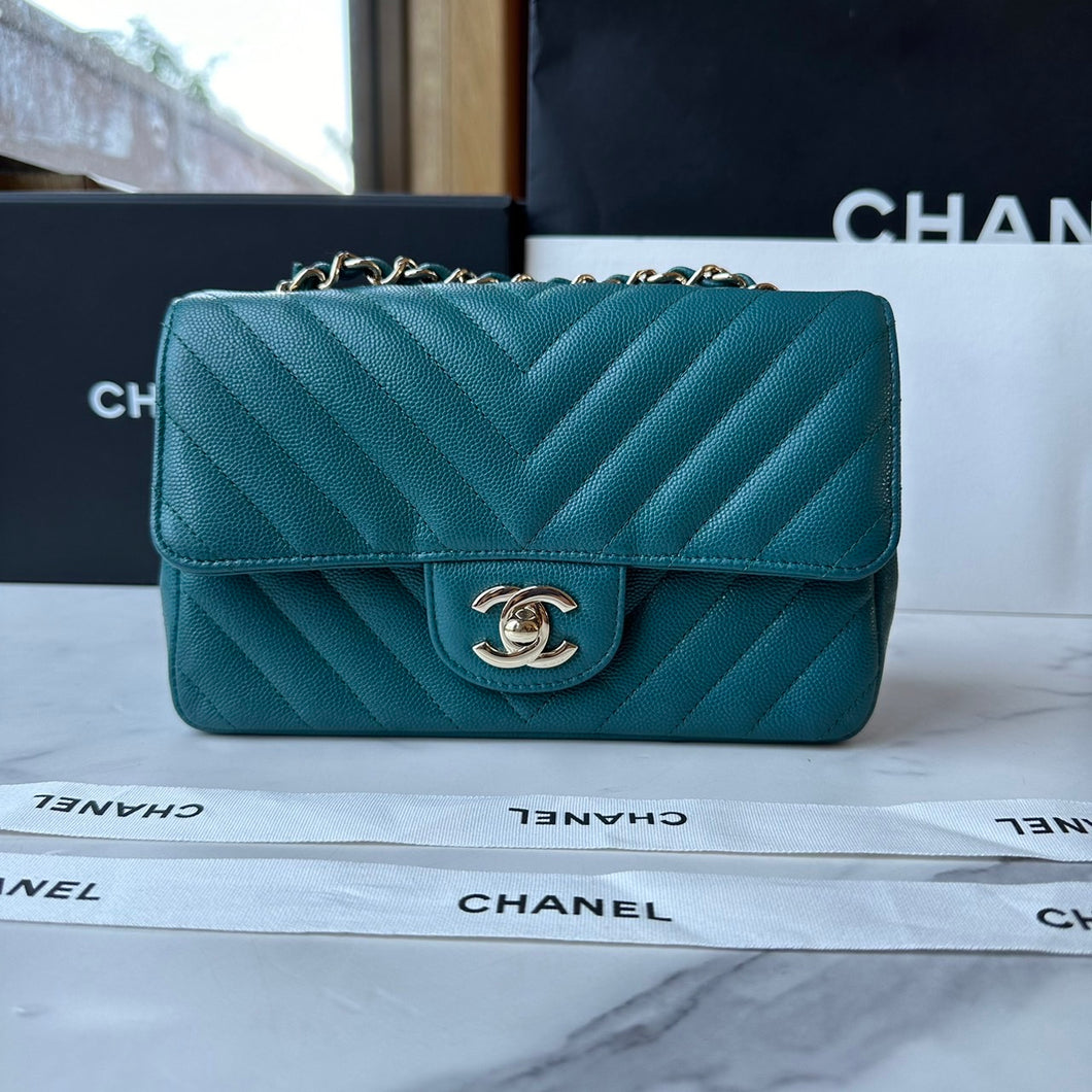 Chanel 18B collection 2018 Fall/Winter Collection Turquoise Caviar LGHW Chevron Mini Rectangular Flap Bag