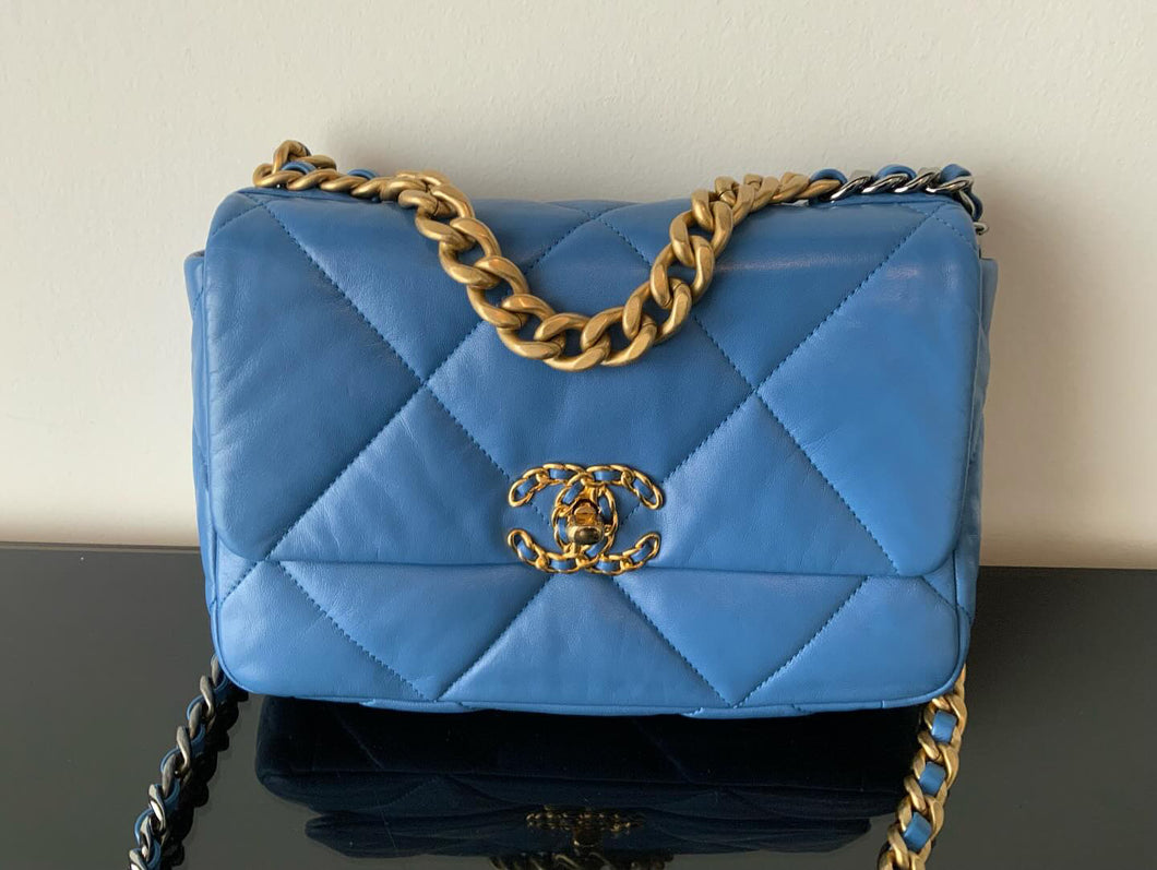 Chanel 19 Size Small series 29 Blue Goat skin mixed Hardware Flap Bag with top handle