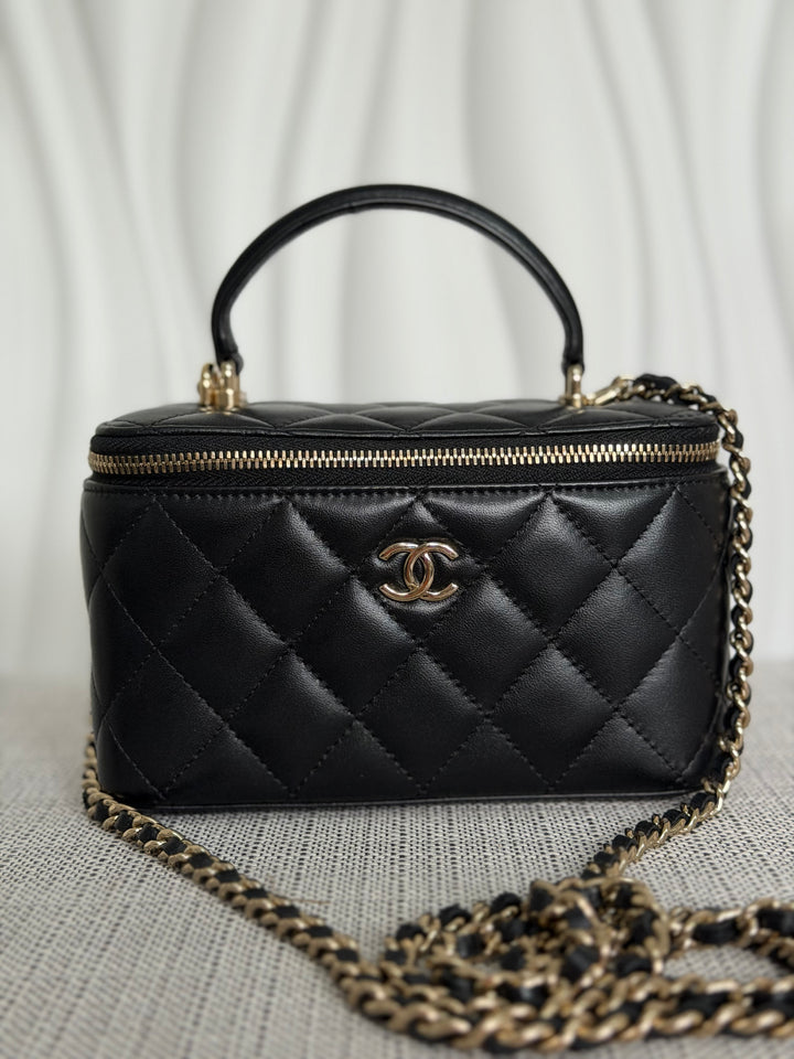 CHANEL series 30 2020 Black Lambskin LGHW Small Vanity Leather Top Handle with Chain