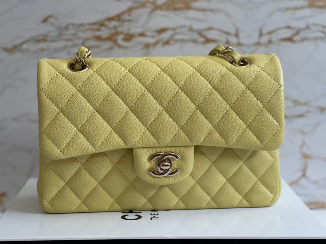 Chanel 20S 2020 Spring/Summer Collection Yellow Caviar LGHW Small Timeless Classic Double Flap Bag
