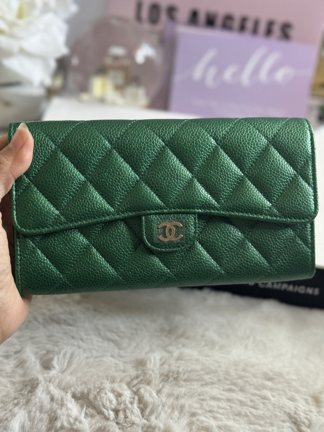 Chanel 18S Emerald Green Caviar LGHW Full size (8 inches) Sarah Flap Wallet