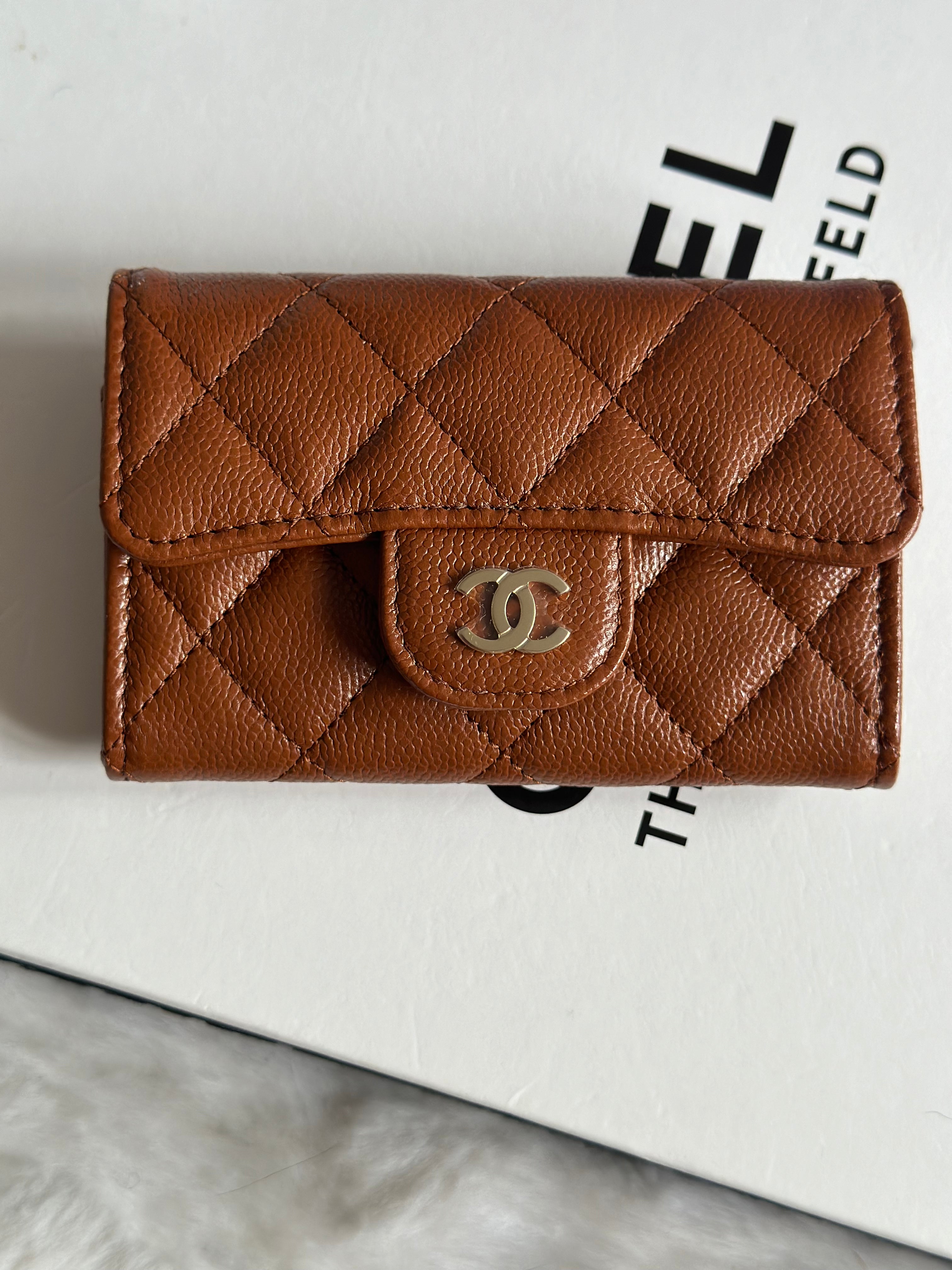 Chanel 23A Brown Caviar LGHW Classic Flap Snap Card Holder