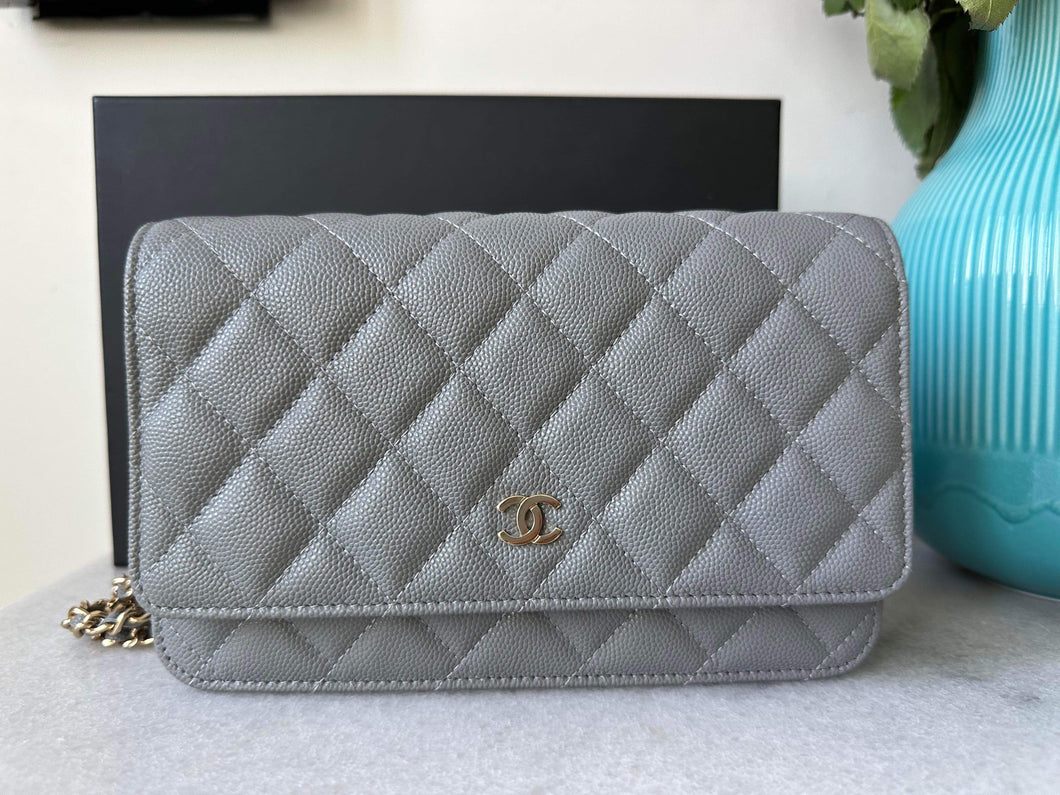 Chanel 20C Collection 2020 Cruise Collection Grey Caviar LGHW Classic Wallet on Chain (WOC)