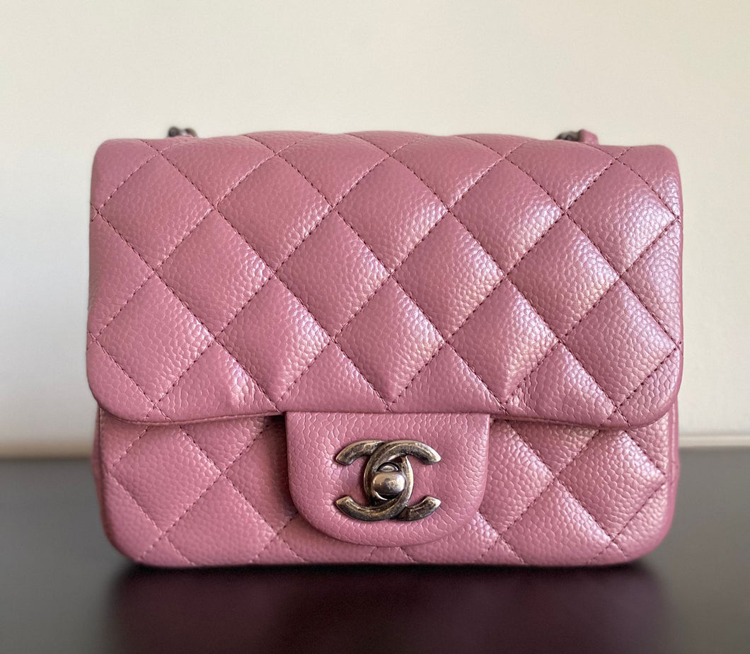 Chanel 15B Mauve Pink caviar Ruthenium hardware square mini flap bag