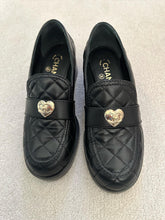 Load image into Gallery viewer, Chanel 23P Heart Black Leather GHW Loafers with Heels size EU 38.5
