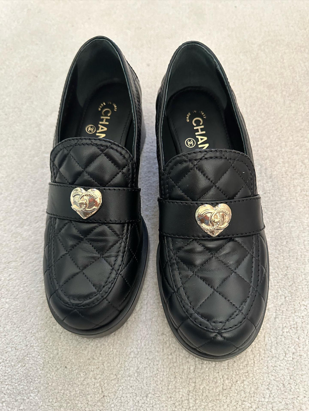 Chanel 23P Heart Black Leather GHW Loafers with Heels size EU 38.5