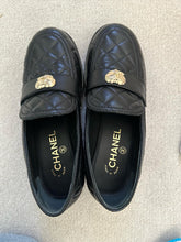 Load image into Gallery viewer, Chanel 23P Heart Black Leather GHW Loafers with Heels size EU 38.5
