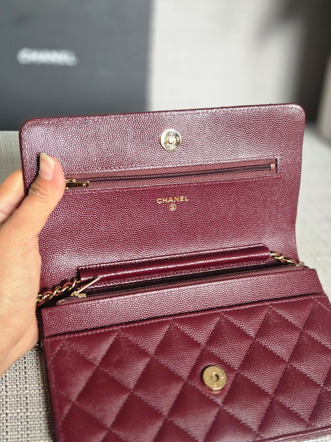 Chanel 21B 2021 Collection Burgundy Bordeaux caviar Classic Wallet on chain WOC with Champagne GHW