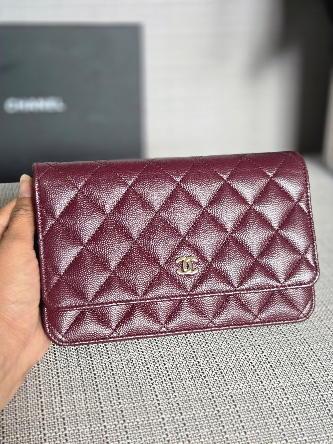 Chanel 21B 2021 Collection Burgundy Bordeaux caviar Classic Wallet on chain WOC with Champagne GHW