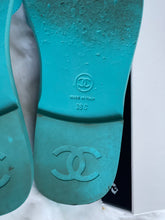Load image into Gallery viewer, Chanel Turquoise Rubber Sliders Size 38C
