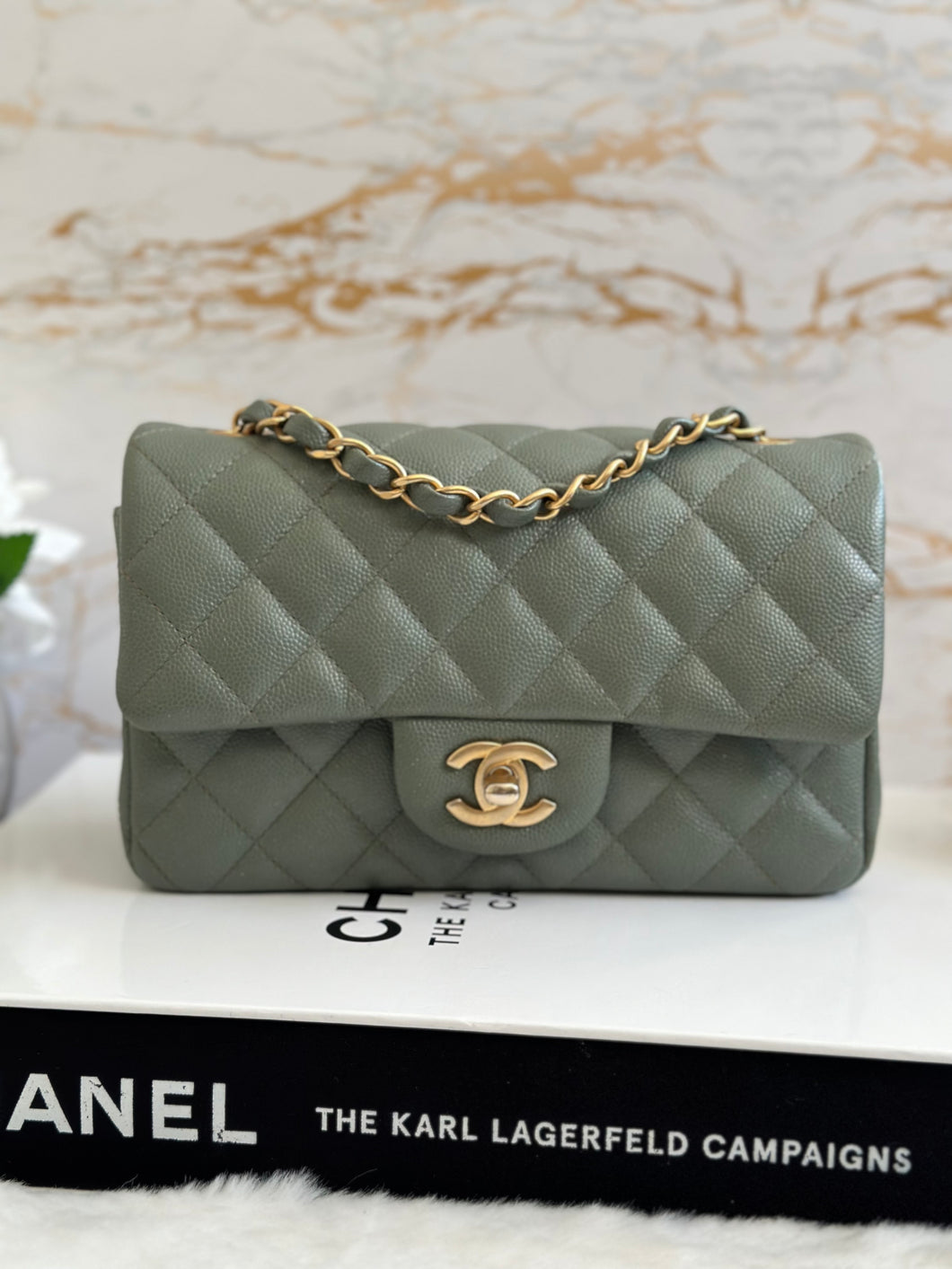 Chanel 18C iridescent Green Caviar aged GHW Mini rectangular flap bag