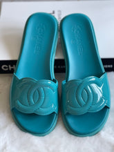 Load image into Gallery viewer, Chanel Turquoise Rubber Sliders Size 38C
