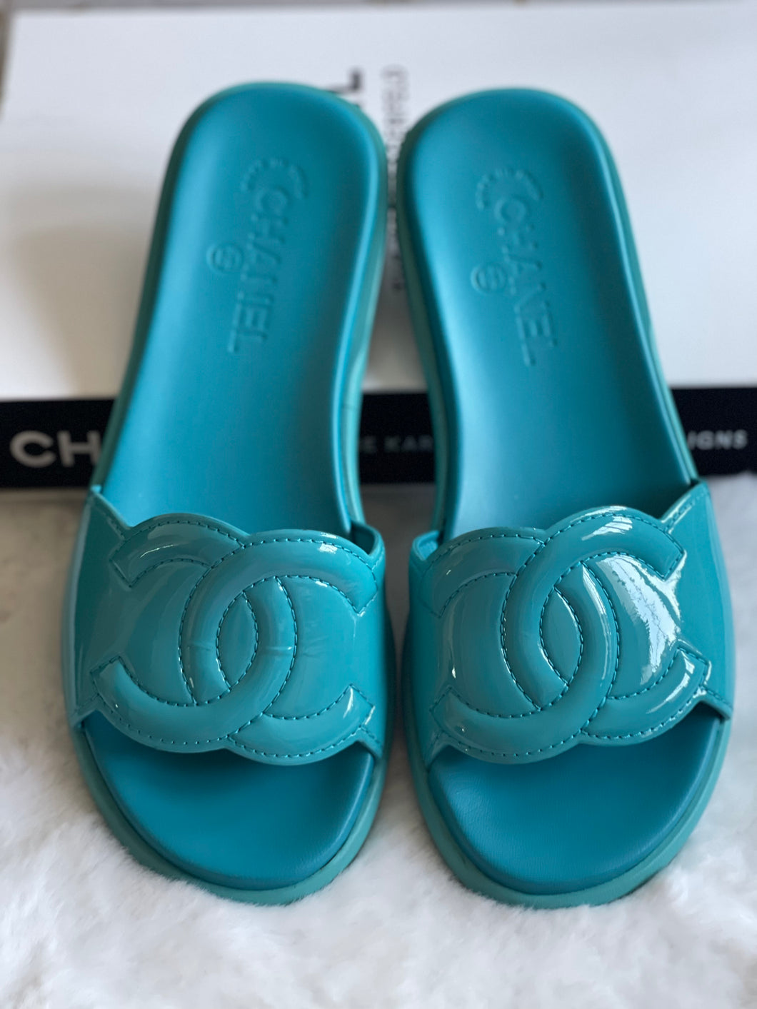 Chanel Turquoise Rubber Sliders Size 38C