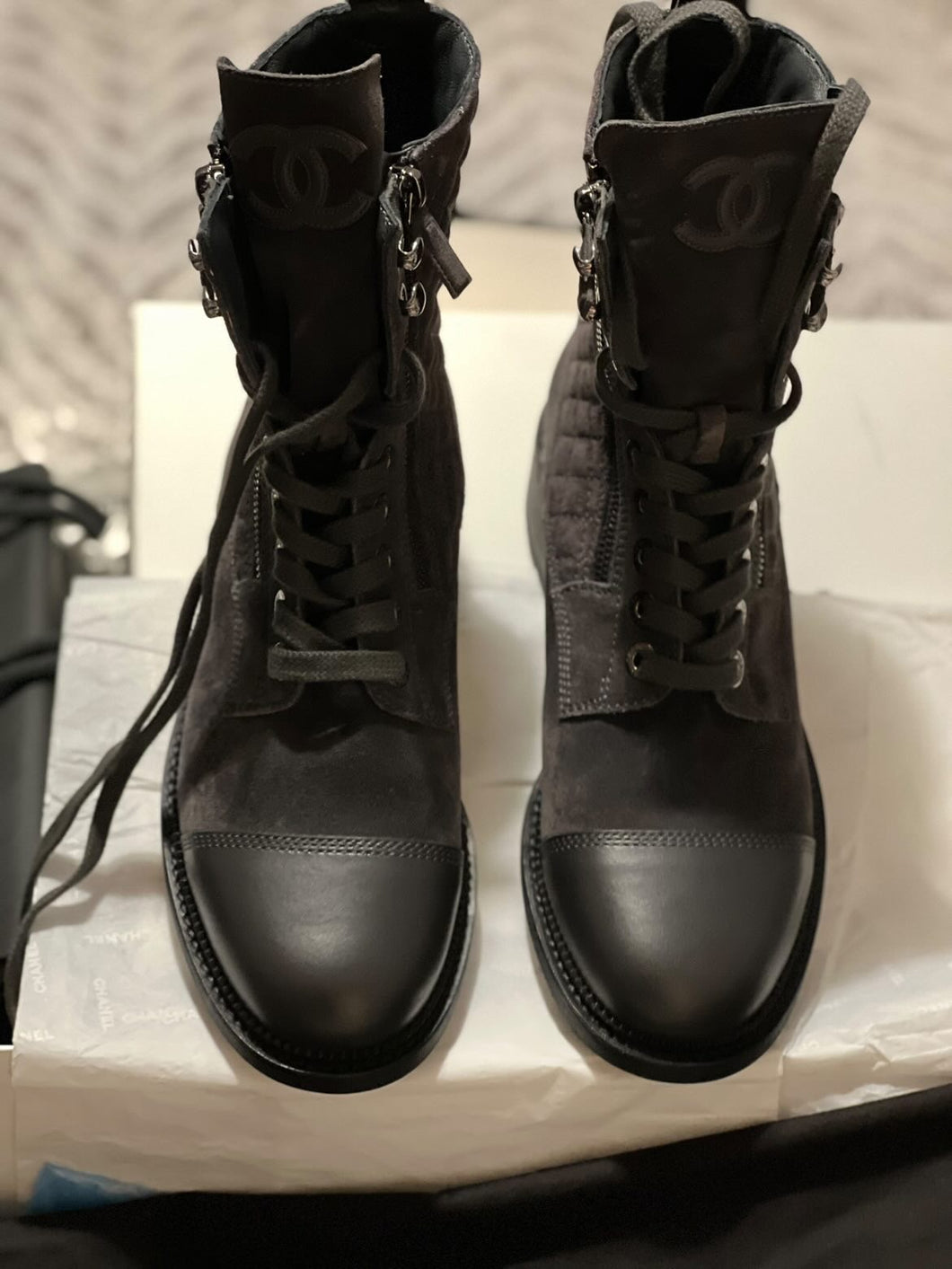 Chanel Grey Suede Combat Boots Size EU 40