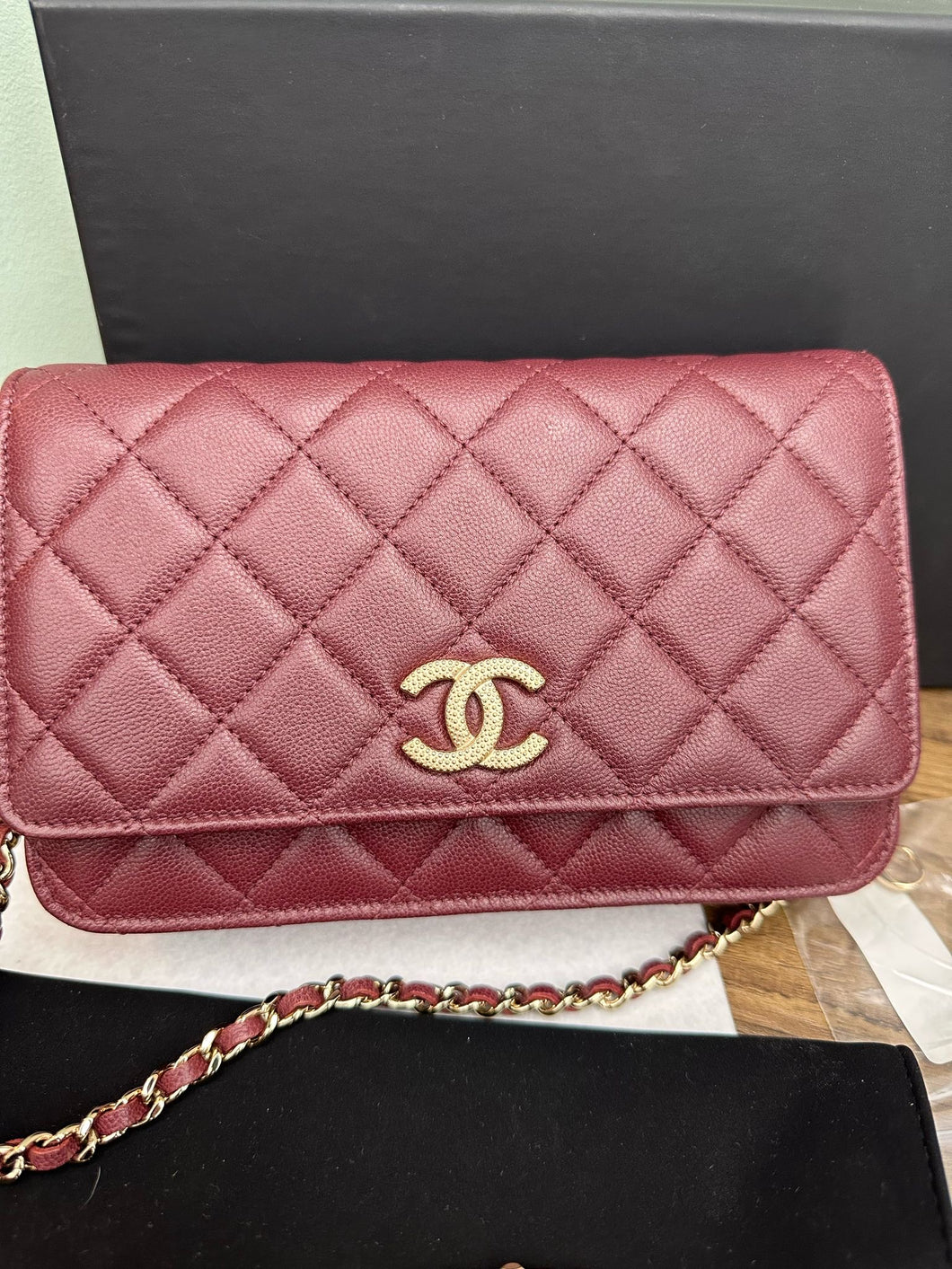 Chanel 22B 2022 Burgundy Caviar GHW Wallet on Chain (WOC)