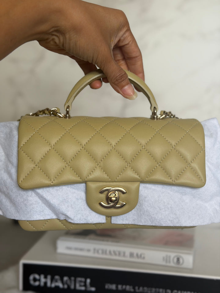 CHANEL 23A Pistachio Green Lambskin LGHW Mini Rectangular Flap Bag with Top Handle 2023