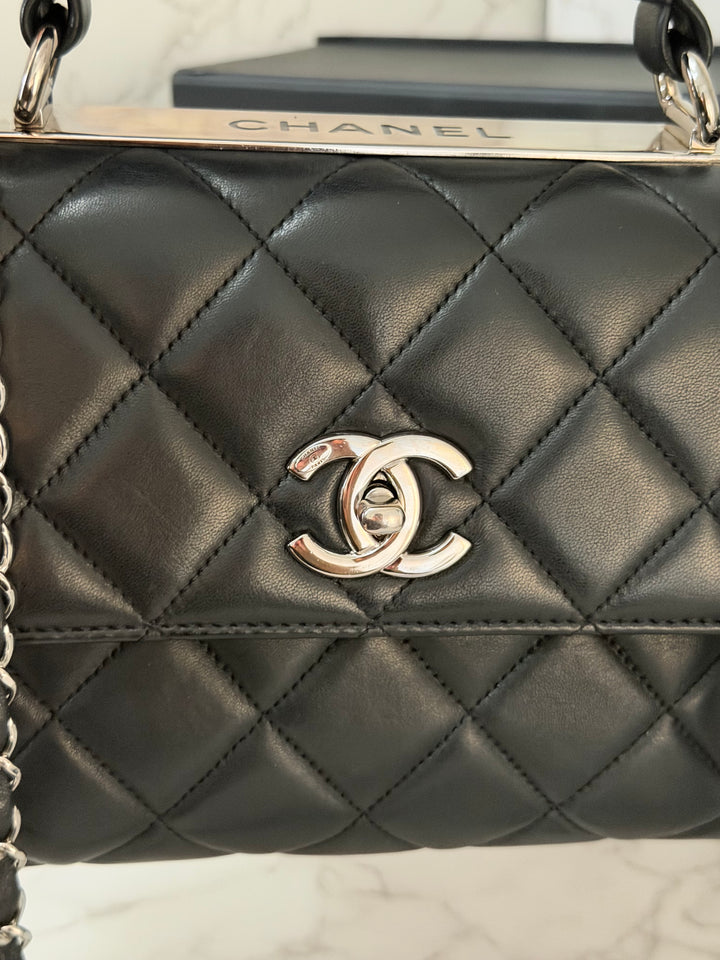 CHANEL series 24 Black Lambskin Silver HW Trendy CC Top Handle Flap Bag with Top Handle and detachable chain