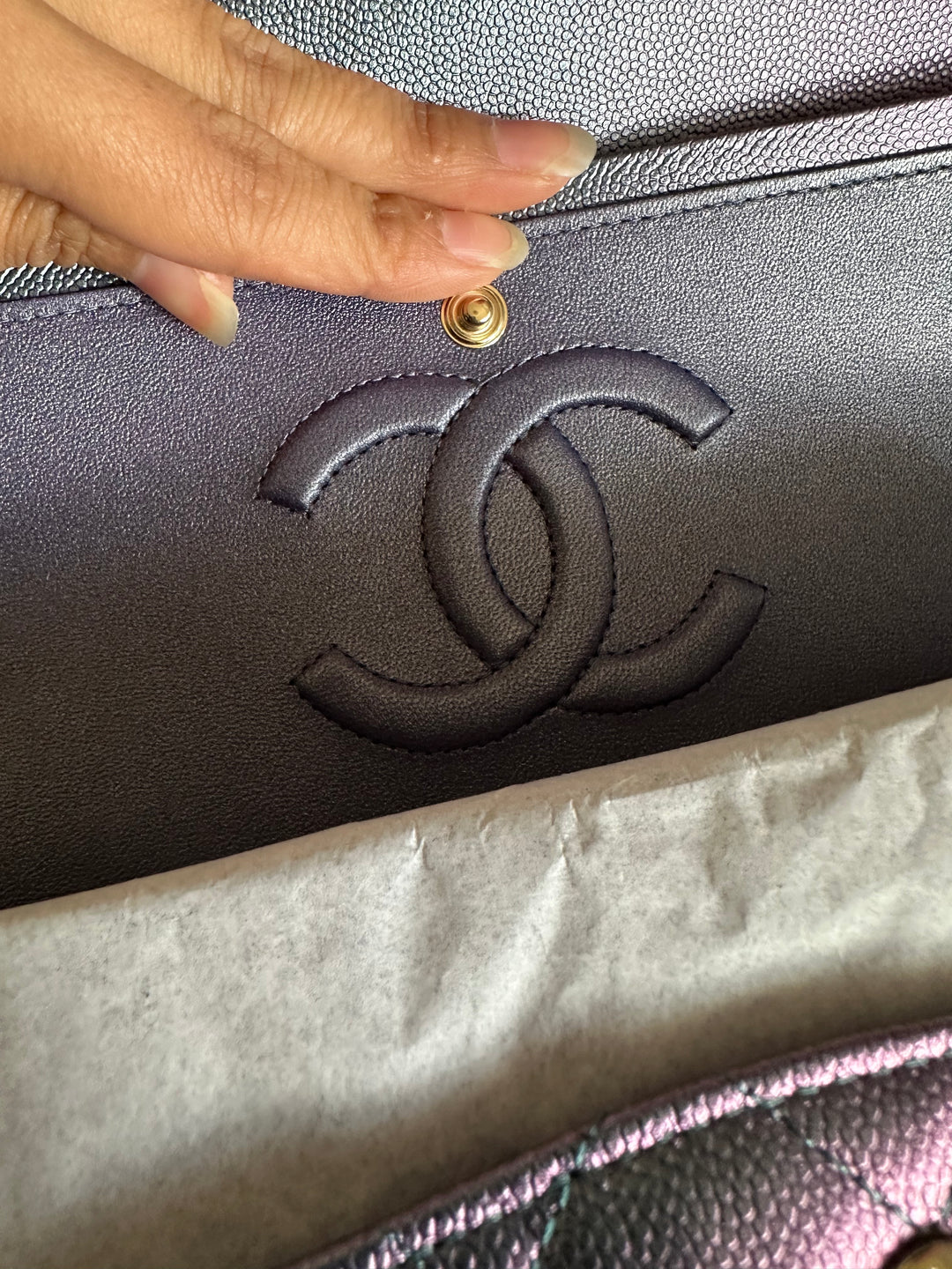 Chanel 22P Iridescent Purple Caviar LGHW Medium ML Timeless Classic Double Flap Bag