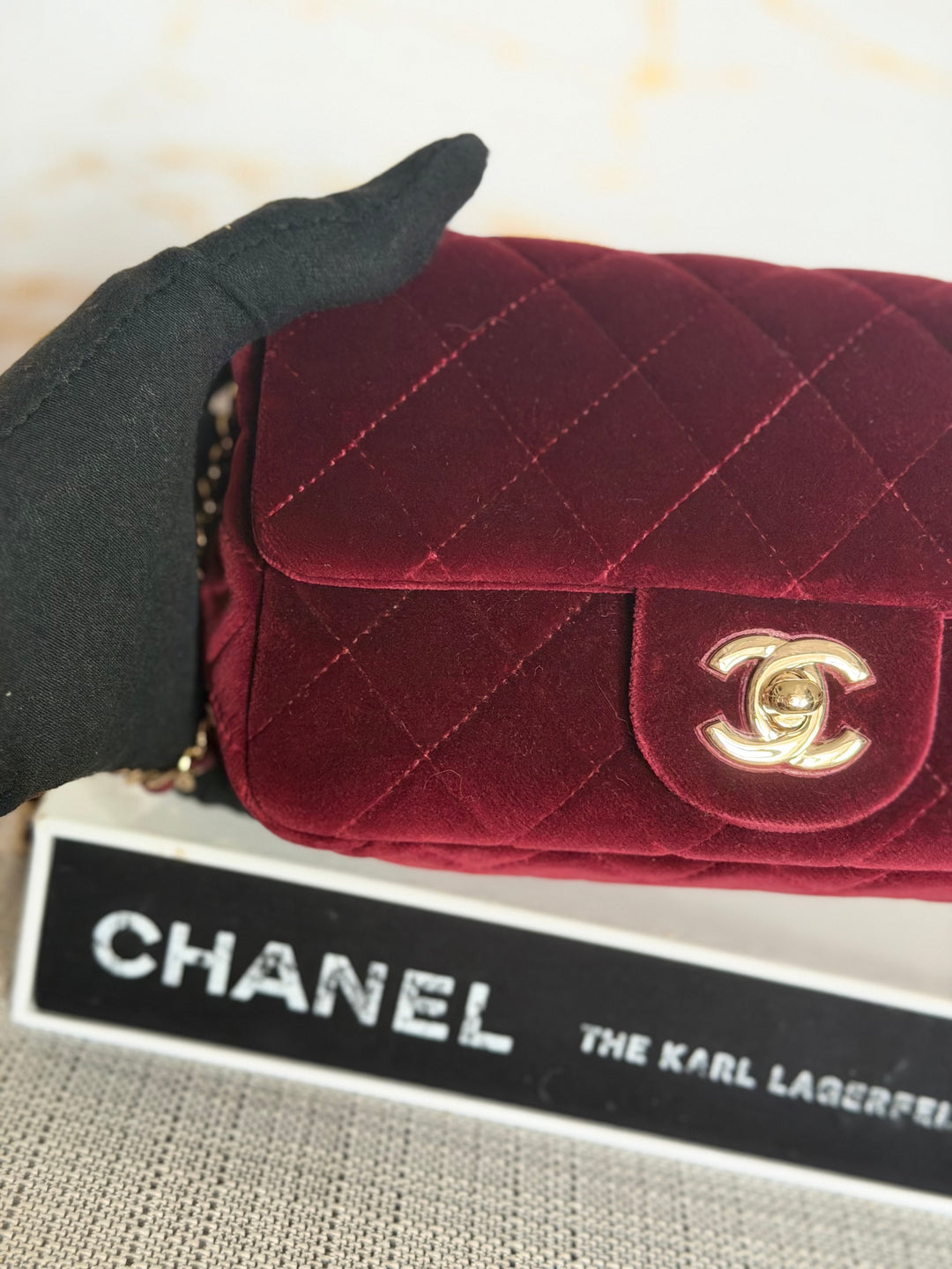 CHANEL series 31 Burgundy Dark Red Velvet Crystal Pearl Crush Adjustable Strap Mini Rectangular Flap Bag 2020/2021