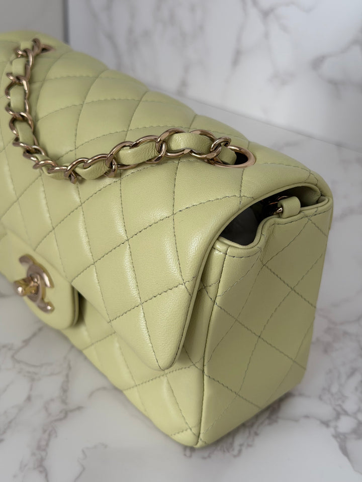 CHANEL 23C Collection 2022/2023 Cruise Pistachio Green Lambskin Mini Rectangular Flap Bag with Champagne GHW