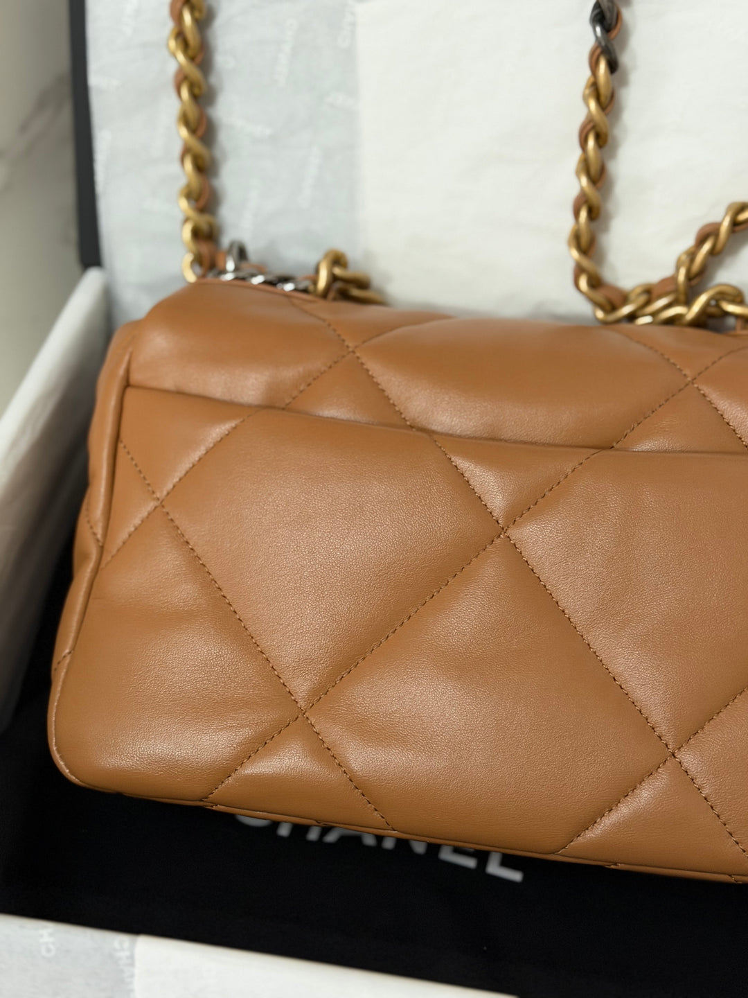 CHANEL Caramel Brown Lambskin Mixed Hardware 19 Size Small Medium Flap bag from 2022