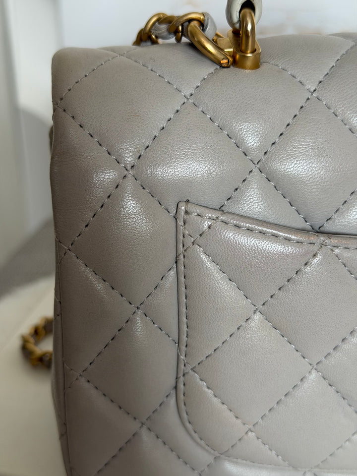 CHANEL Grey Lambskin aged GHW Mini Rectangular Flap bag Top Handle 2021 21A collection