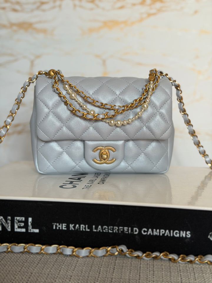 CHANEL Pearl Twist Pearly Light Blue Lambskin Mini Flap Bag 2023