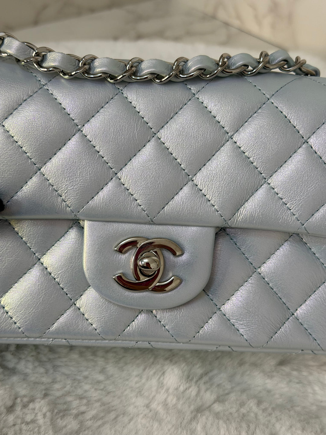 CHANEL 21K 2021 Iridescent light Blue Calf skin SHW Mini rectangular flap bag microchip