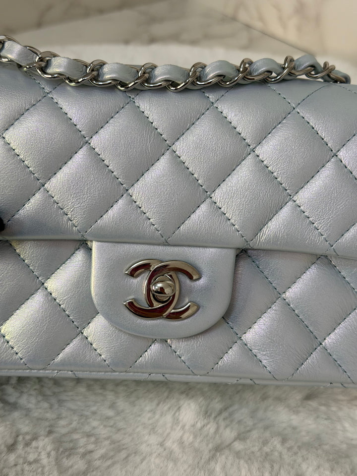 CHANEL 21K 2021 Iridescent light Blue Calf skin SHW Mini rectangular flap bag microchip