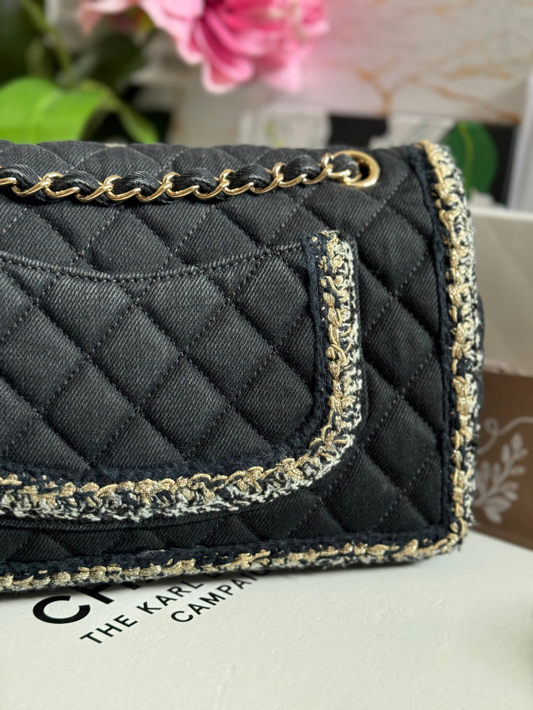 Chanel series 26 Black Denim LGHW Braided in Gold/White/Black Medium Flap Bag