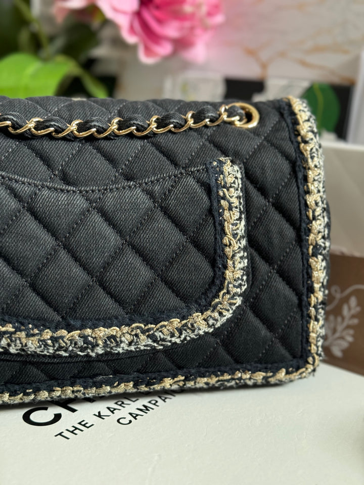Chanel series 26 Black Denim LGHW Braided in Gold/White/Black Medium Flap Bag