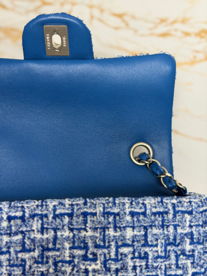 CHANEL 23P Cobalt Blue Muti Coloured Tweed Brushed SHW Mini rectangular flap bag 2023