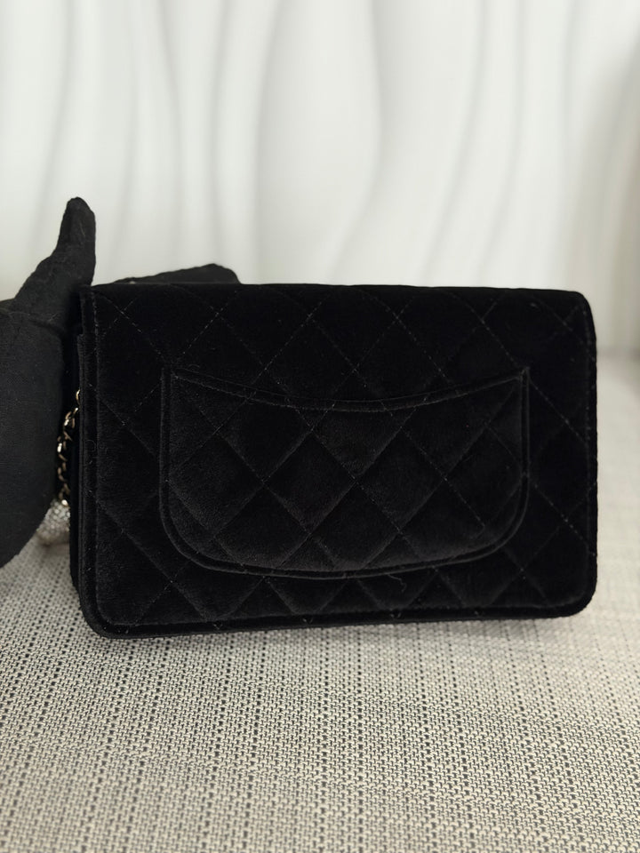 CHANEL 2025 Black Velvet Crystal Pearl Crush Adjustable Strap Wallet on Chain (WOC)