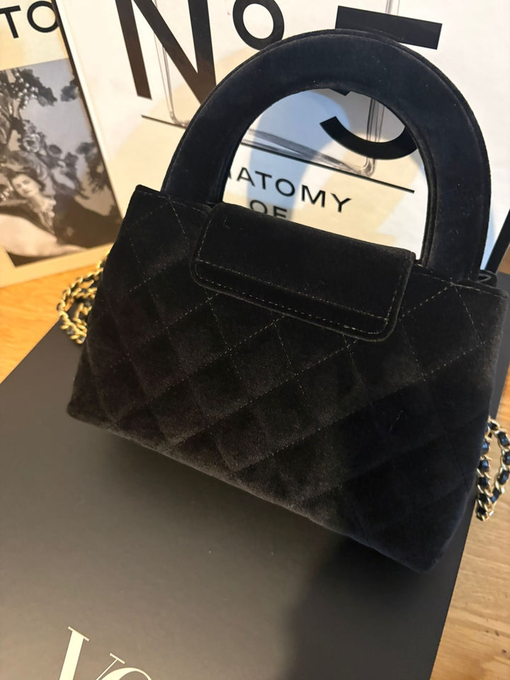 CHANEL Black Velvet Kelly Shopping Bag size SMALL aged GHW 19 cms fits iPhone pro Max 2025