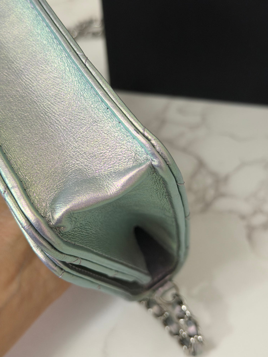 CHANEL 21K Silver Lambskin SHW Classic Wallet On Chain (WOC)