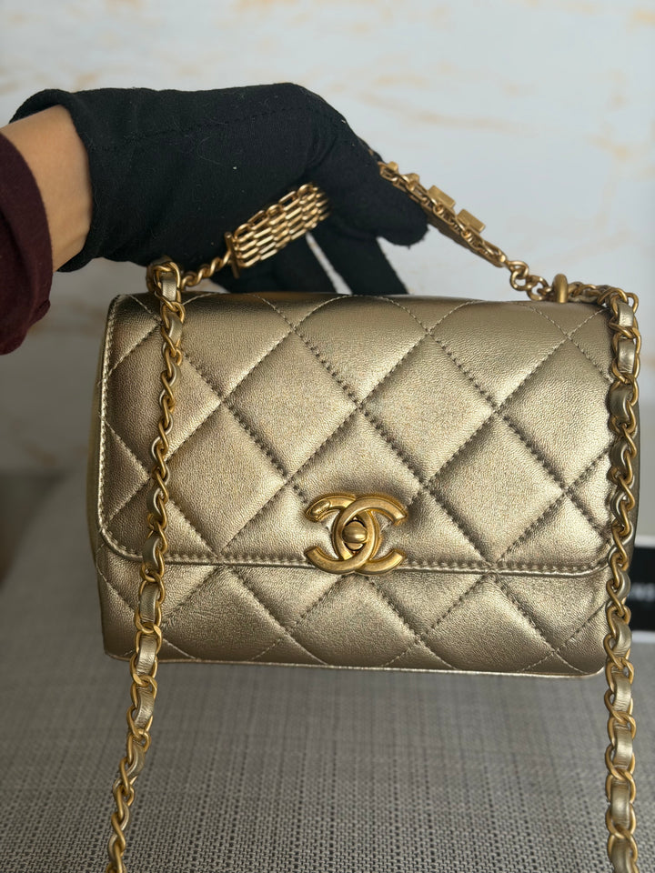 CHANEL Gold Metallic Lambskin CC Crystal Logo Chain Flap Bag 2022