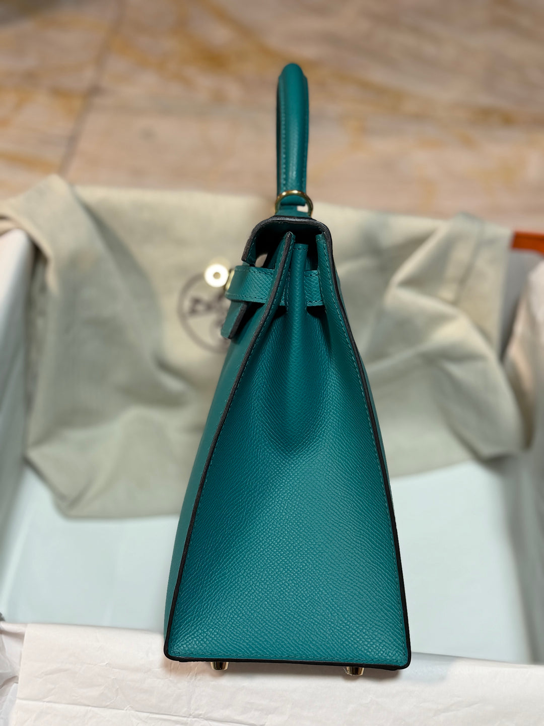 Hermes Kelly 28 Sellier Epsom Leather SO Bleu Paon GHW Stamp D 2019