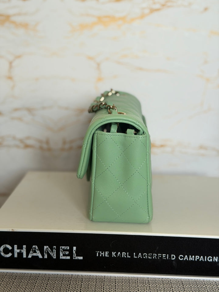 CHANEL Pastel Green Lambskin LGHW Mini Rectangular Flap Bag 2024 8 inches 20 cms