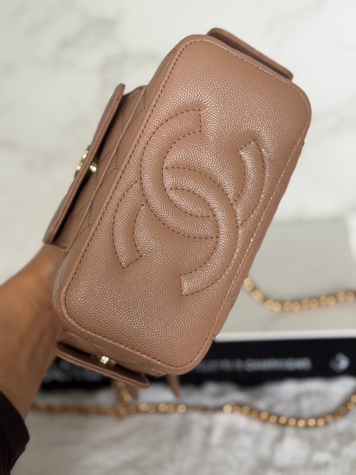 CHANEL Dark Beige Caviar Cargo Polly Pocket Vanity Case with Top Handle GHW 2023