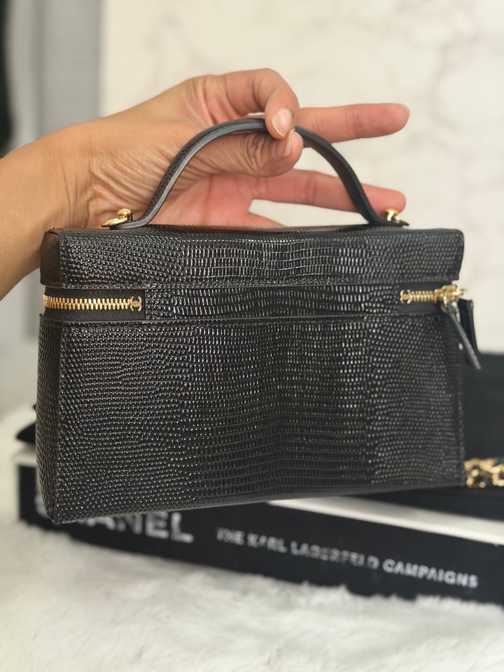 CHANEL Black Lizard Embossed Calf Skin GHW LP Long Vanity with top handle 26A 2026