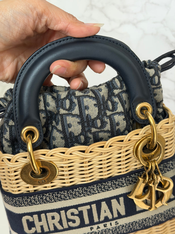 DIOR Lady Dior Wicker Bag Oblique Canvas in Black and Cream size Mini