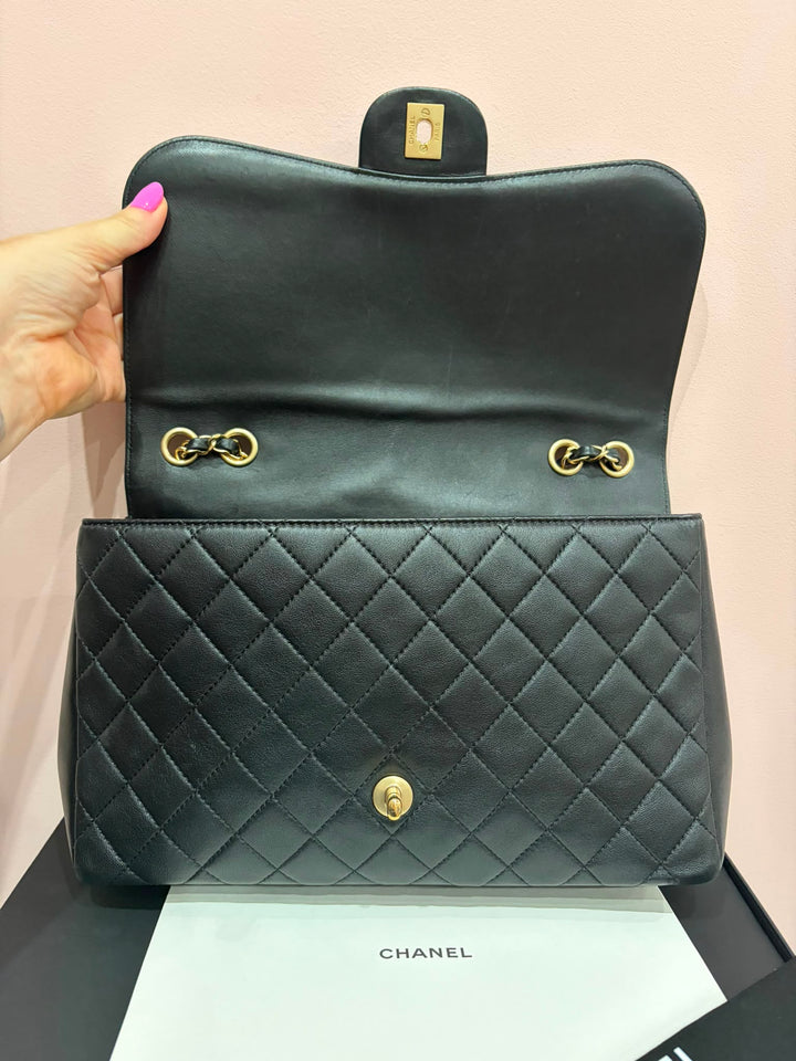 CHANEL Black Lambskin Brushed GHW Mademoiselle Chic Jumbo Single Flap Bag