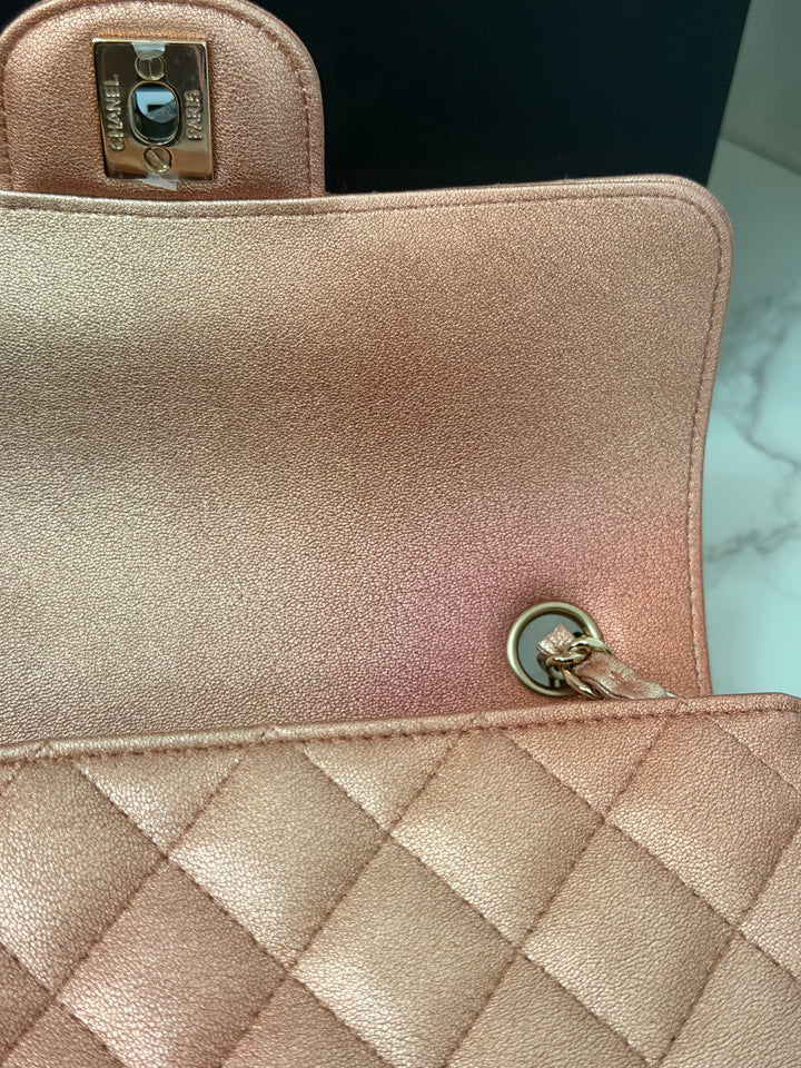 CHANEL 21S Ombré Rose Gold Metallic Copper Lambskin LGHW Mini Rectangular Flap Bag 2021