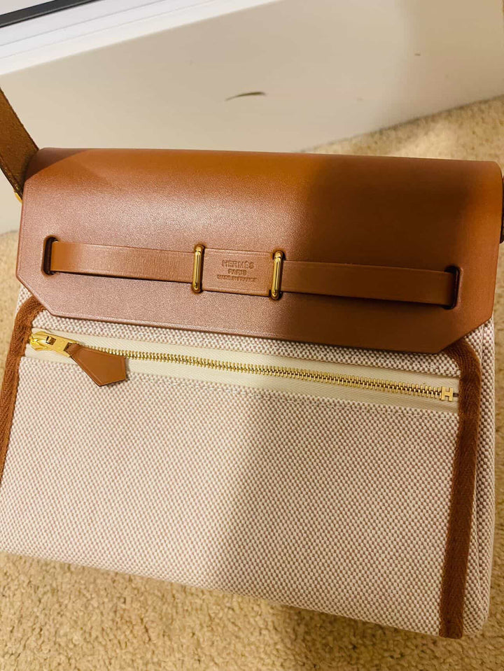 Hermes Herbag 20 Zip Ecru/Fauve Toile H Vache Hunter Leather Size Mini