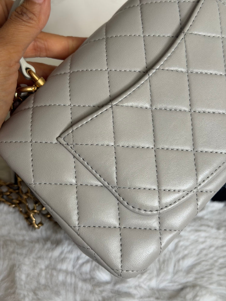 CHANEL 21A Grey Lambskin Aged GHW Top Handle Mini Rectangular Flap Bag 2021